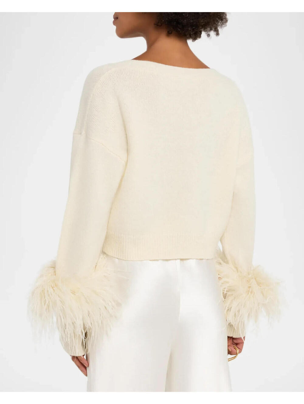 NEW, Milly Feather Cuff V-Neck Sweater in Ecru Sz S #S7603 - Picture 2 of 8